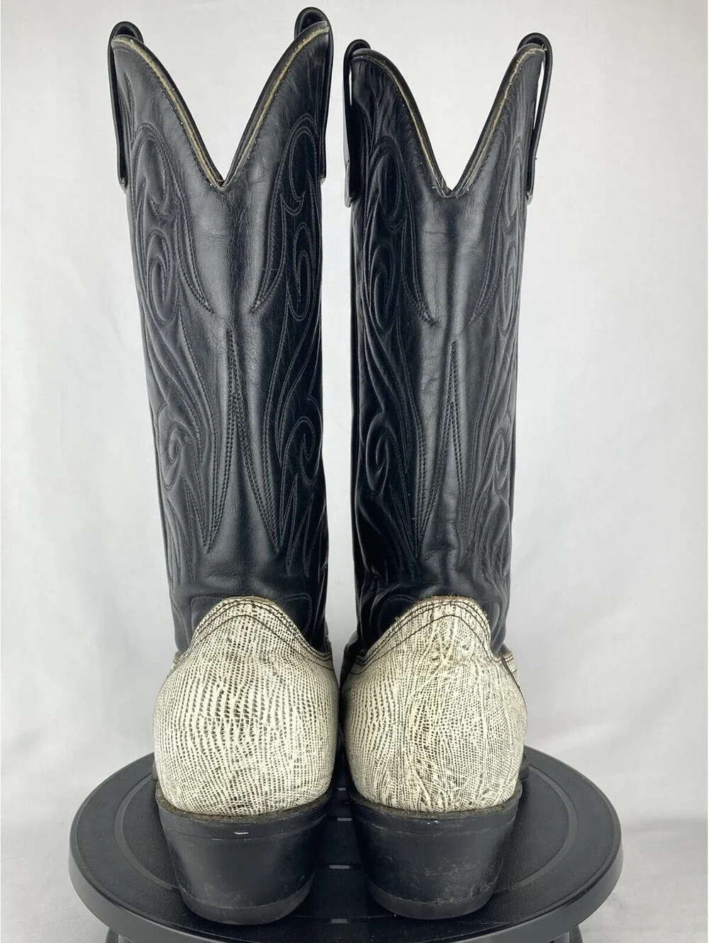 Mens 8.5 3E Extra Wide Vintage Lizard Print Cowboy Boots Black White Western USA